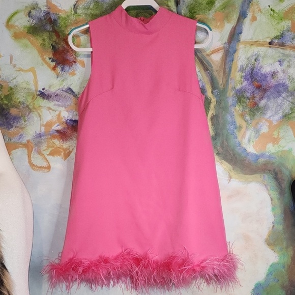 SHEIN Dresses & Skirts - SHEIN Feather-Trim Hot Pink Party Dress with Satin Gloves